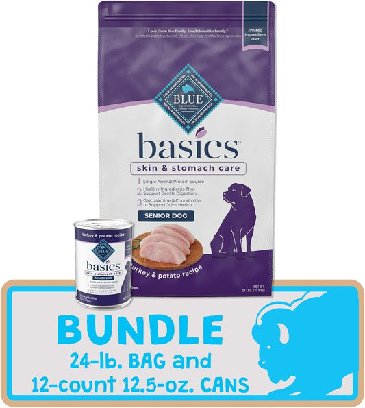 Basics Limited Ingredient Diet, Natural Senior Dog Food Bundle, Dry Dog Food and Wet Dog Food, Turkey (24-Lb Dry Food + 12.5Oz Cans 12Ct)
