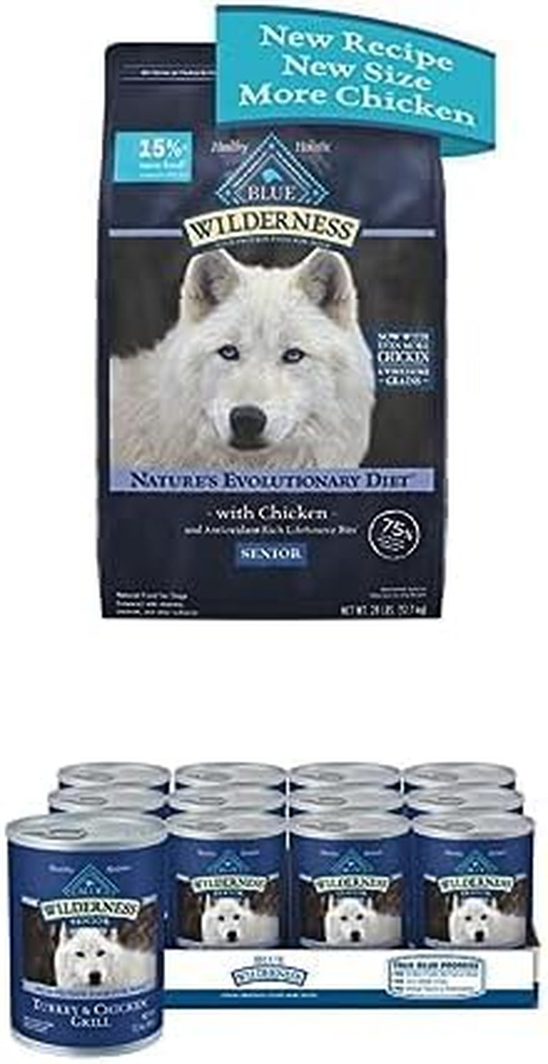 Bundle of Wilderness High Protein Natural Senior Dry Dog Food plus Wholesome Grains, Chicken 28 Lb Bag + Wet Dog Food, Turkey & Chicken Grill 12.5-Oz Cans (Pack of 12)