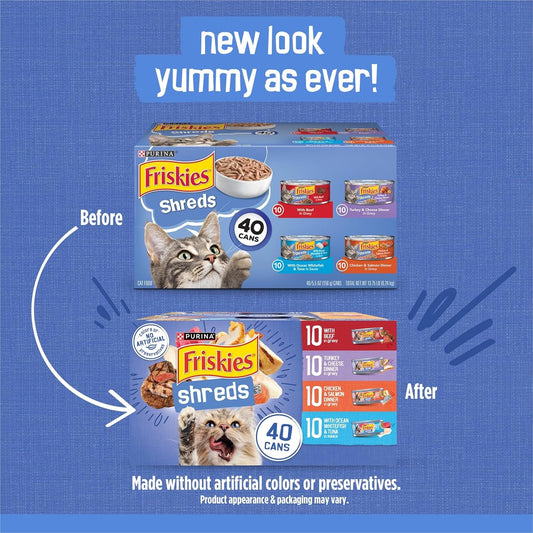 Purina Wet Cat Food Variety Pack, Shreds with Beef, Turkey and Cheese Dinner, Chicken and Salmon Dinner, and with Ocean Whitefish and Tuna - (Pack of 40) 5.5 Oz. Cans