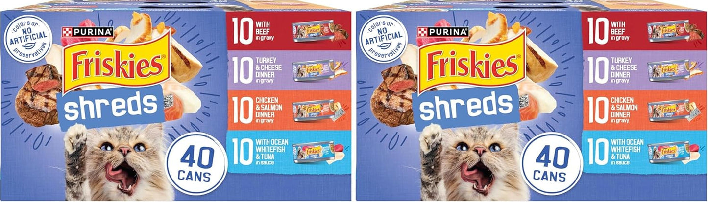 Purina Wet Cat Food Variety Pack, Shreds with Beef, Turkey and Cheese Dinner, Chicken and Salmon Dinner, and with Ocean Whitefish and Tuna - (Pack of 40) 5.5 Oz. Cans