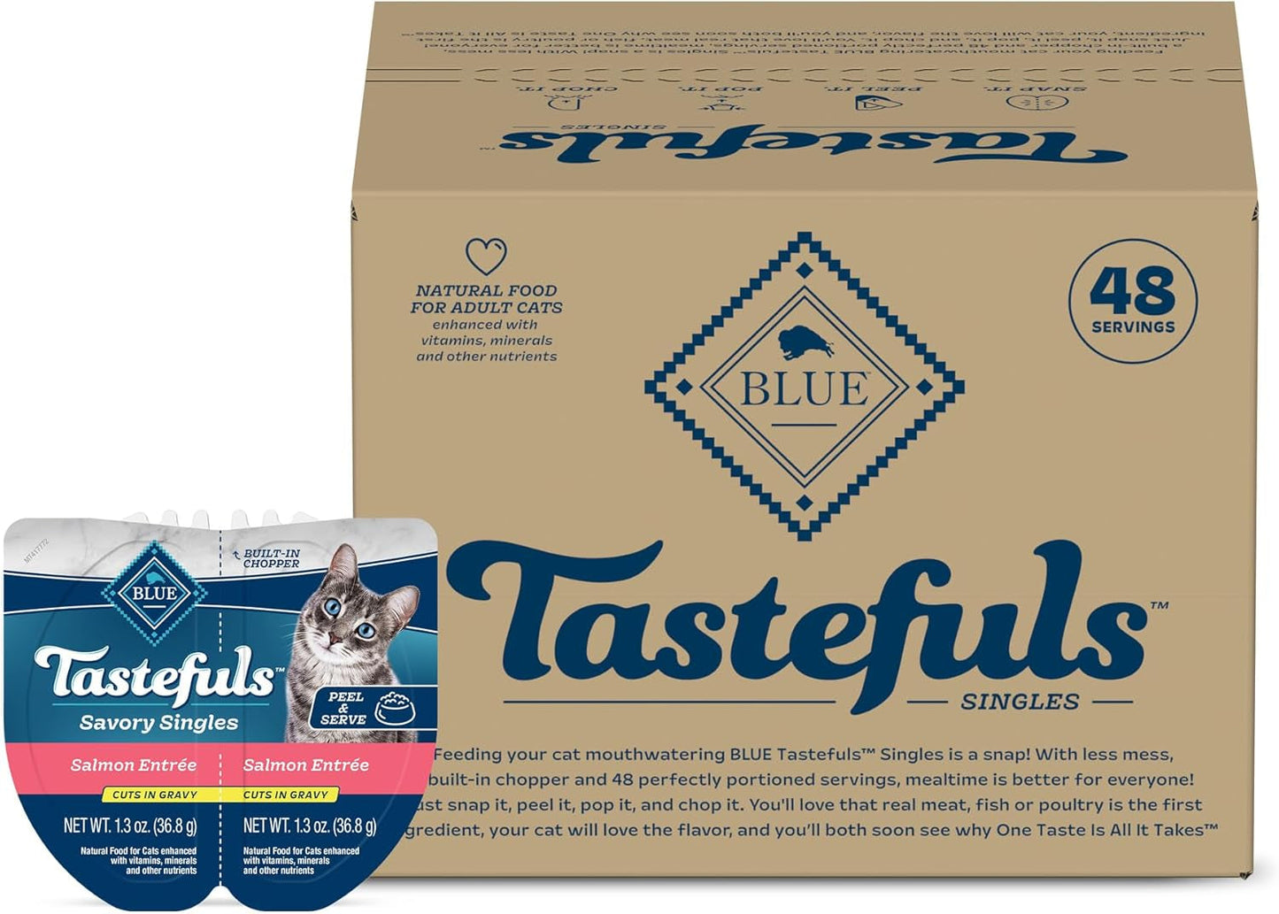 Tastefuls Savory Singles Natural Wet Cat Food in Gravy, 2.6-Oz. Twin-Pack Tray, Salmon Entreé (24 Count)