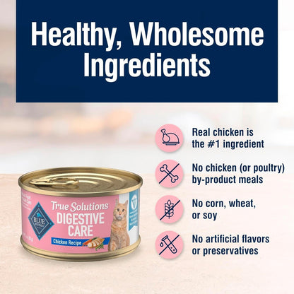 True Solutions Digestive Care Wet Cat Food for Adult Cats, Made with Natural Ingredients, Chicken, 3-Oz. Cans (24 Count)