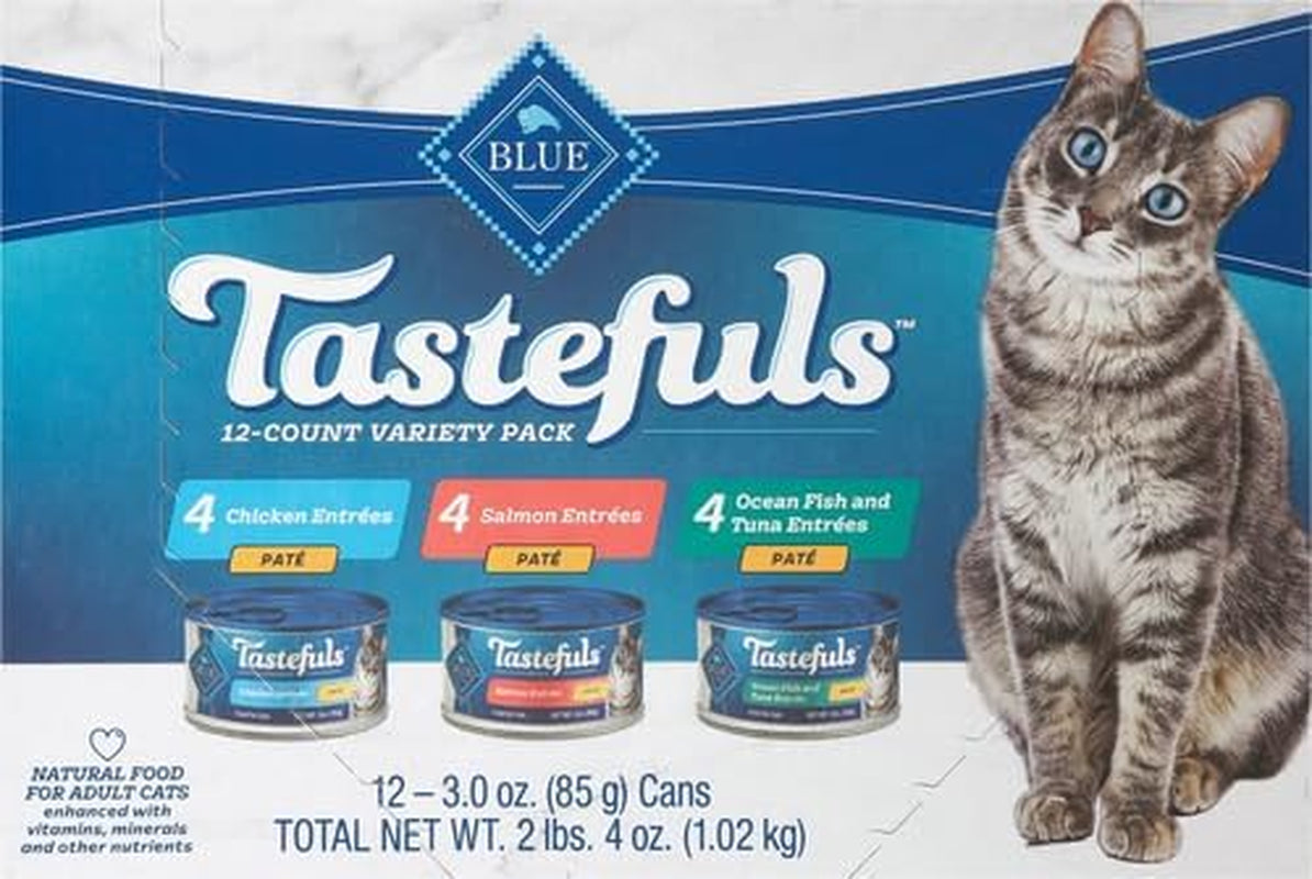 Tastefuls Natural Pate Wet Cat Food Variety Pack, Salmon, Chicken, Ocean Fish & Tuna Entrées 3-Oz Cans (12 Count - 4 of Each Flavor) (Pack of 2)