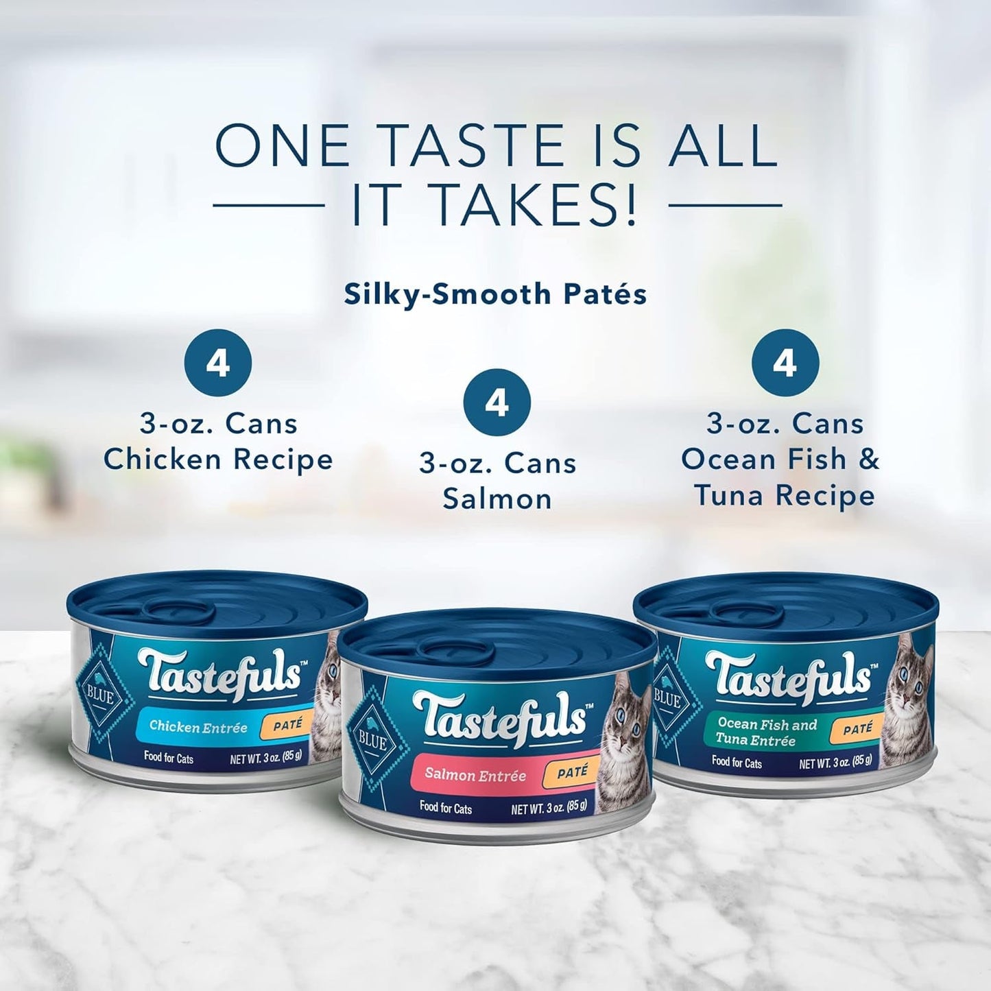 Tastefuls Natural Pate Wet Cat Food Variety Pack, Salmon, Chicken, Ocean Fish & Tuna Entrées 3-Oz Cans (12 Count - 4 of Each Flavor) (Pack of 2)