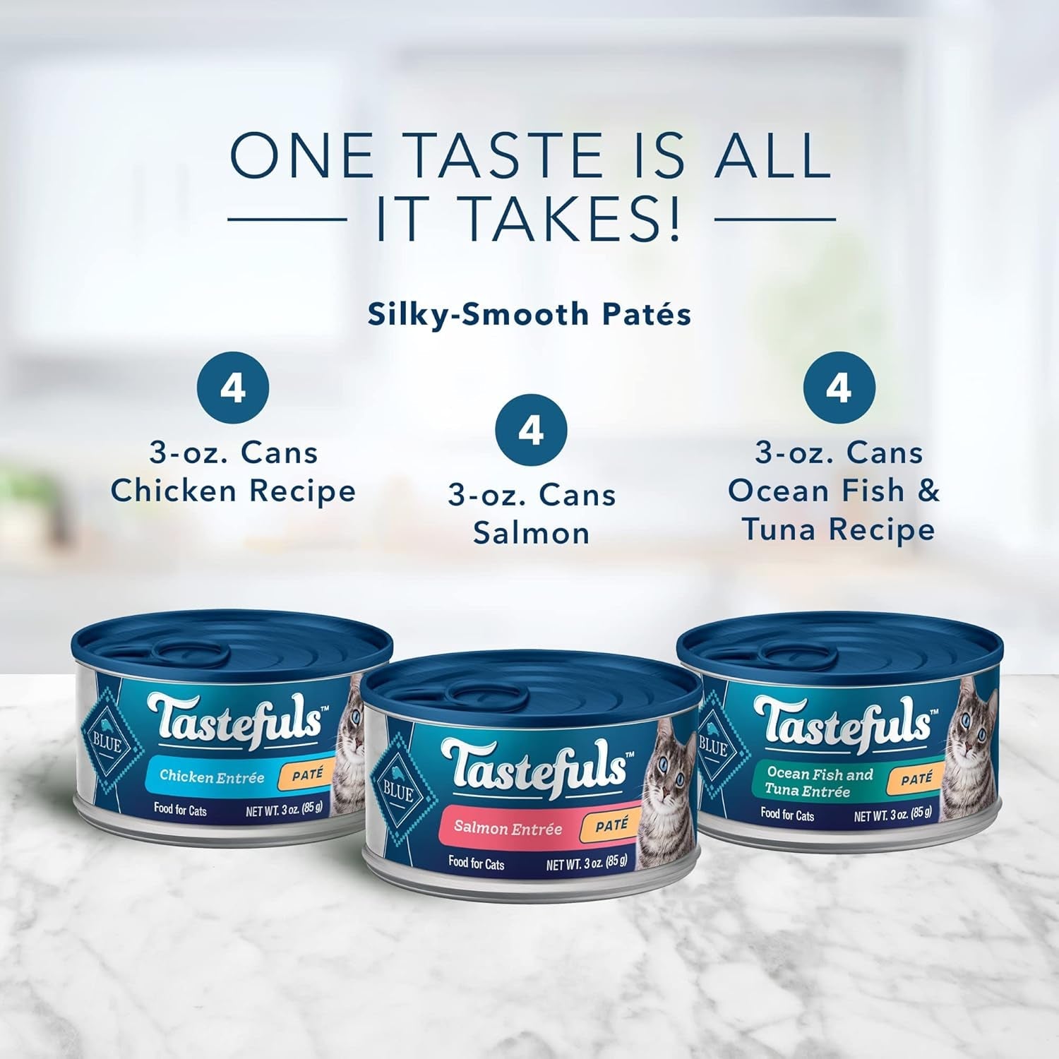 Tastefuls Natural Pate Wet Cat Food Variety Pack, Salmon, Chicken, Ocean Fish & Tuna Entrées 3-Oz Cans (12 Count - 4 of Each Flavor) (Pack of 2)