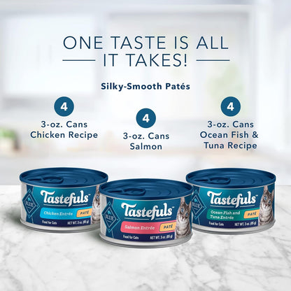 Tastefuls Natural Pate Wet Cat Food Variety Pack, Salmon, Chicken, Ocean Fish & Tuna Entrées 3-Oz Cans (12 Count - 4 of Each Flavor) (Pack of 2)