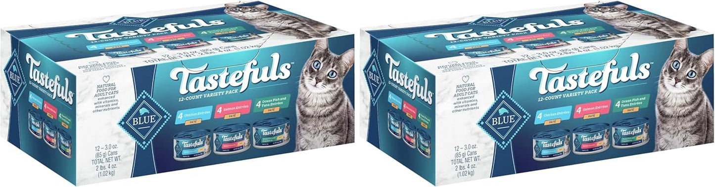 Tastefuls Natural Pate Wet Cat Food Variety Pack, Salmon, Chicken, Ocean Fish & Tuna Entrées 3-Oz Cans (12 Count - 4 of Each Flavor) (Pack of 2)