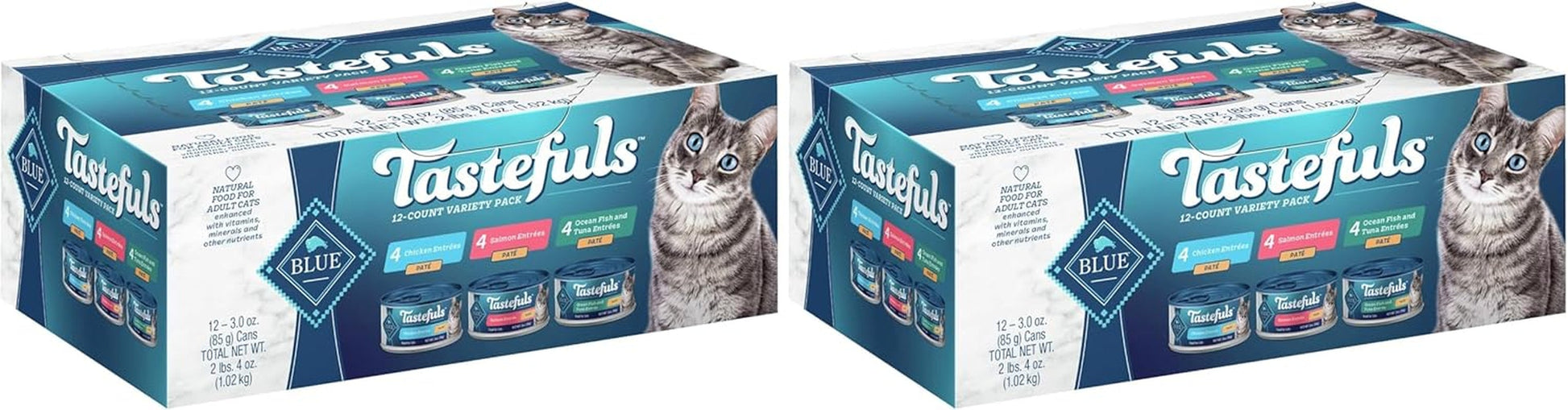 Tastefuls Natural Pate Wet Cat Food Variety Pack, Salmon, Chicken, Ocean Fish & Tuna Entrées 3-Oz Cans (12 Count - 4 of Each Flavor) (Pack of 2)