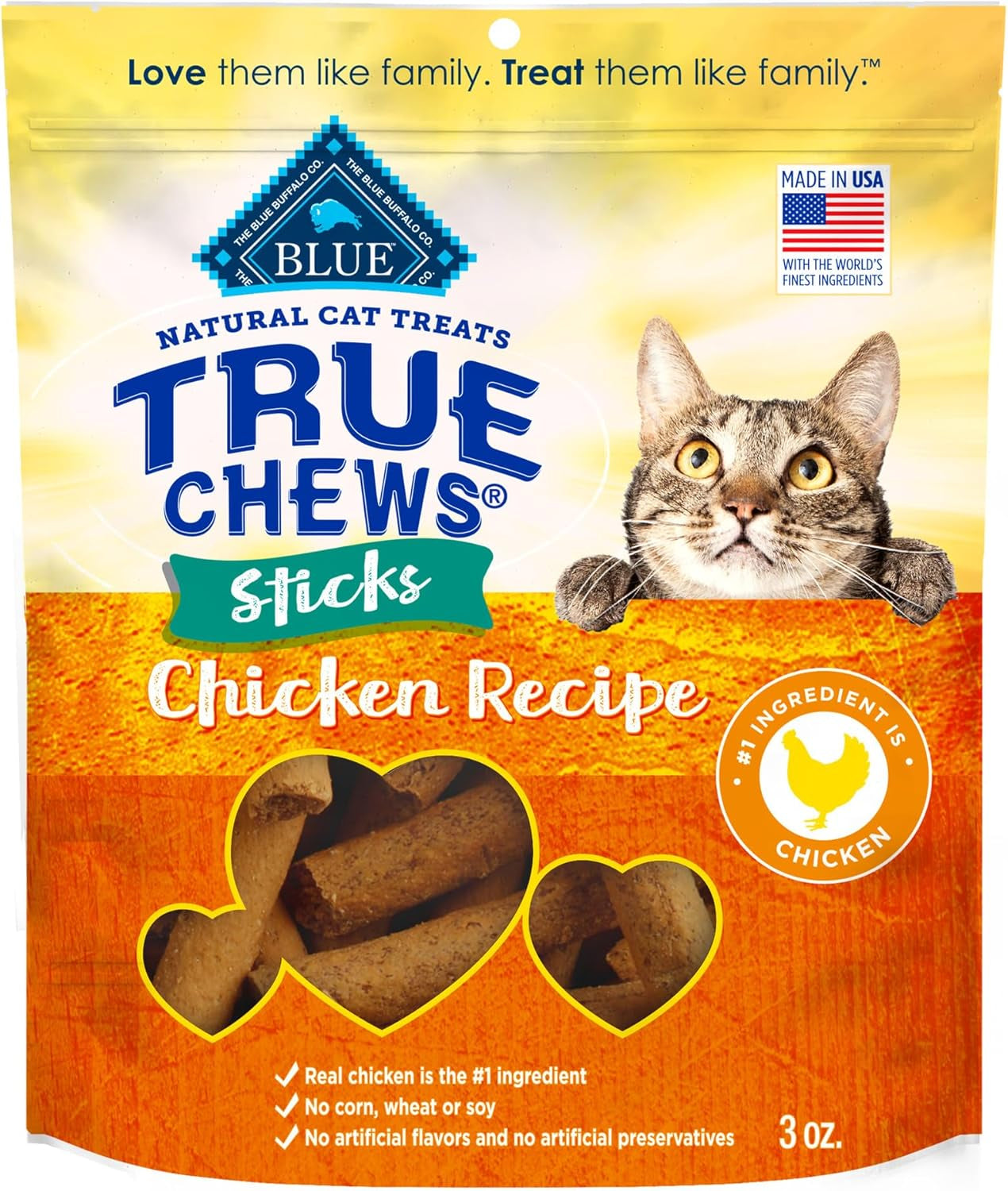 True Chews Sticks Natural Cat Treats, Chicken Recipe, Meaty & Savory Treats Made in the USA, 3-Oz. Bag (Pack of 2)