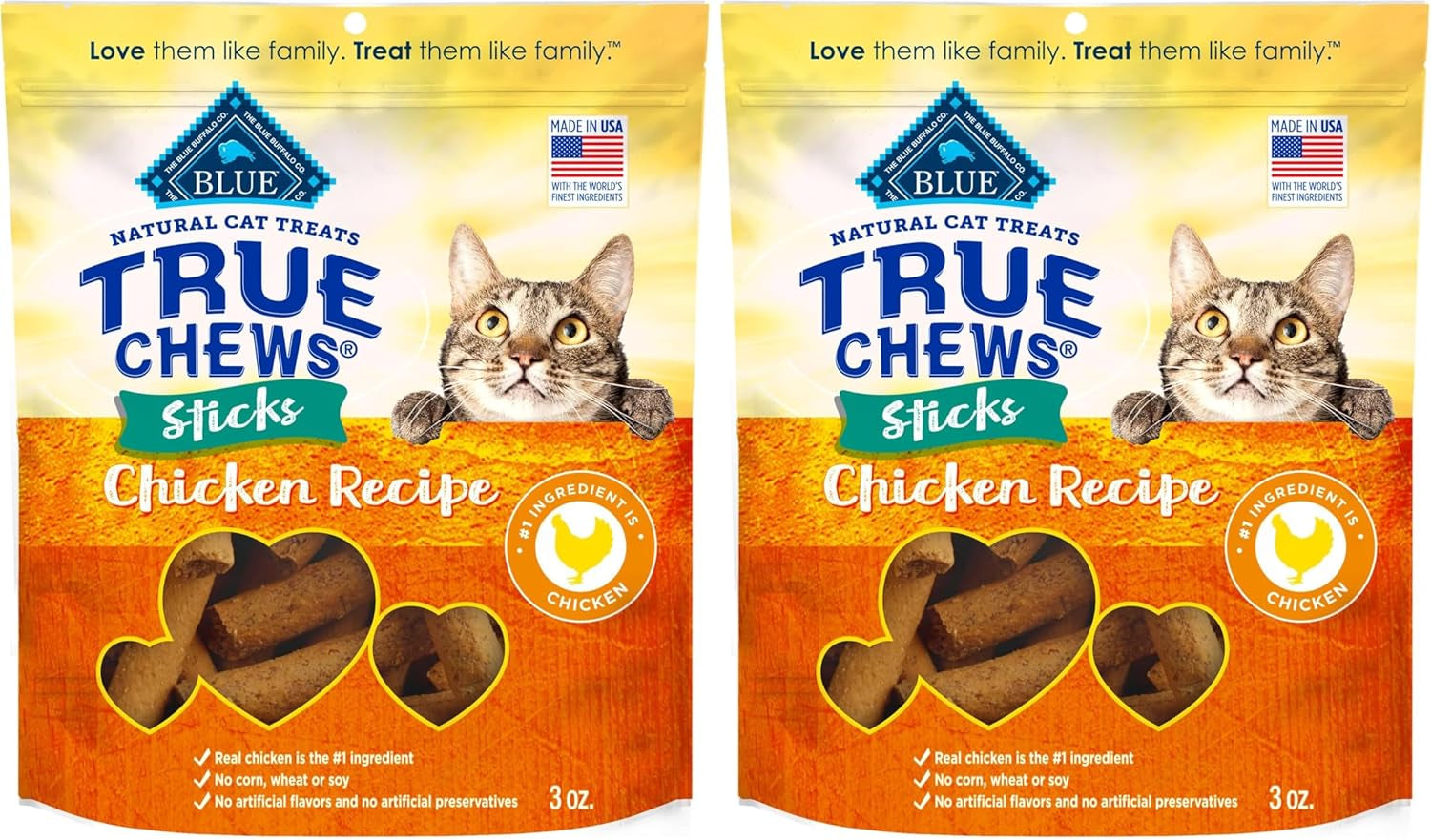 True Chews Sticks Natural Cat Treats, Chicken Recipe, Meaty & Savory Treats Made in the USA, 3-Oz. Bag (Pack of 2)