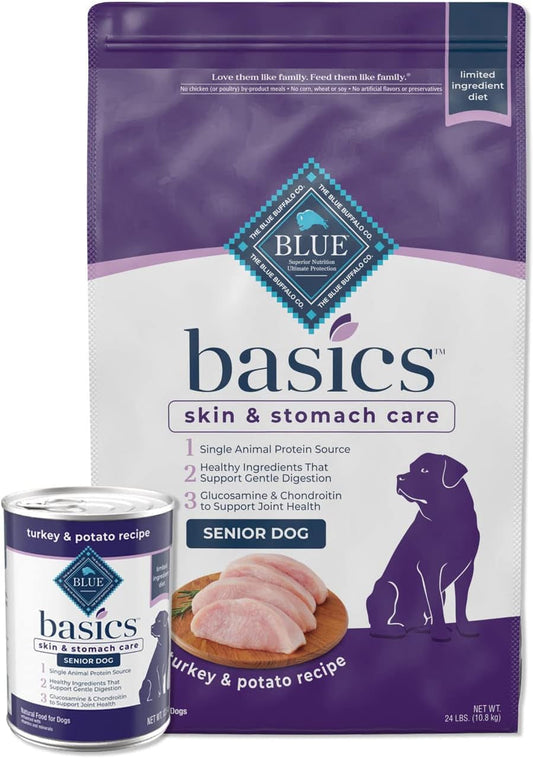 Basics Limited Ingredient Diet, Natural Senior Dog Food Bundle, Dry Dog Food and Wet Dog Food, Turkey (24-Lb Dry Food + 12.5Oz Cans 12Ct)