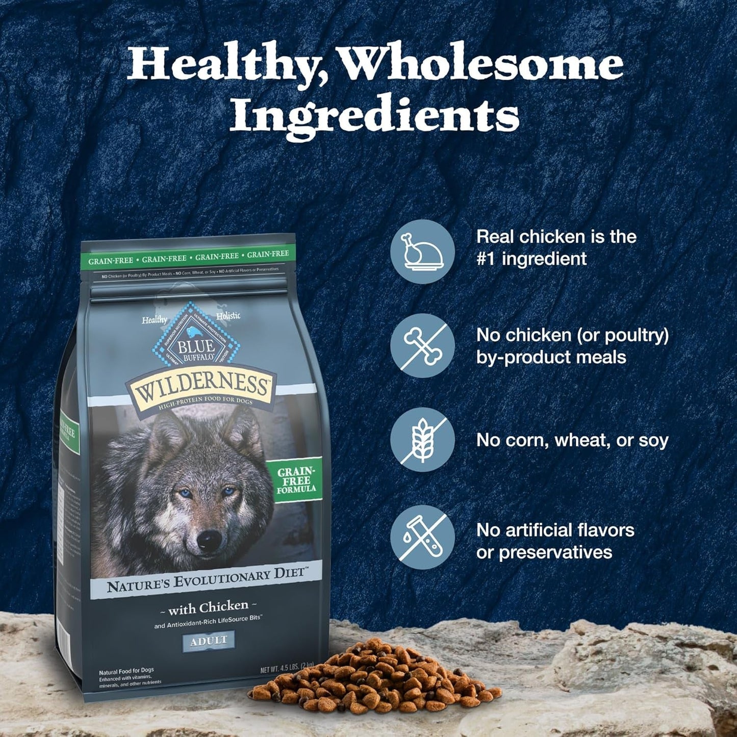 Blue Buffalo Wilderness Adult High-Protein Dry Dog Food with Real Chicken, Grain-Free, Made in the USA with Natural Ingredients, Chicken, 4.5-Lb. Bag (Pack of 2)