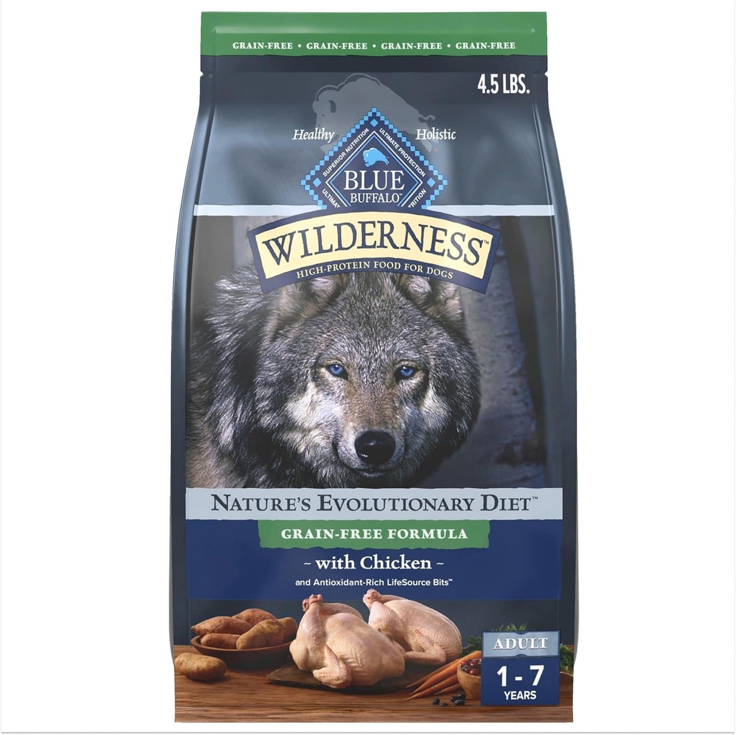 Blue Buffalo Wilderness Adult High-Protein Dry Dog Food with Real Chicken, Grain-Free, Made in the USA with Natural Ingredients, Chicken, 4.5-Lb. Bag (Pack of 2)