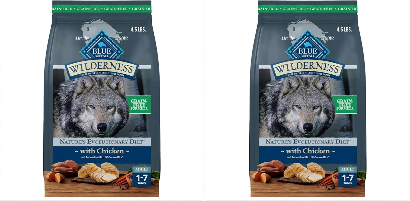 Blue Buffalo Wilderness Adult High-Protein Dry Dog Food with Real Chicken, Grain-Free, Made in the USA with Natural Ingredients, Chicken, 4.5-Lb. Bag (Pack of 2)