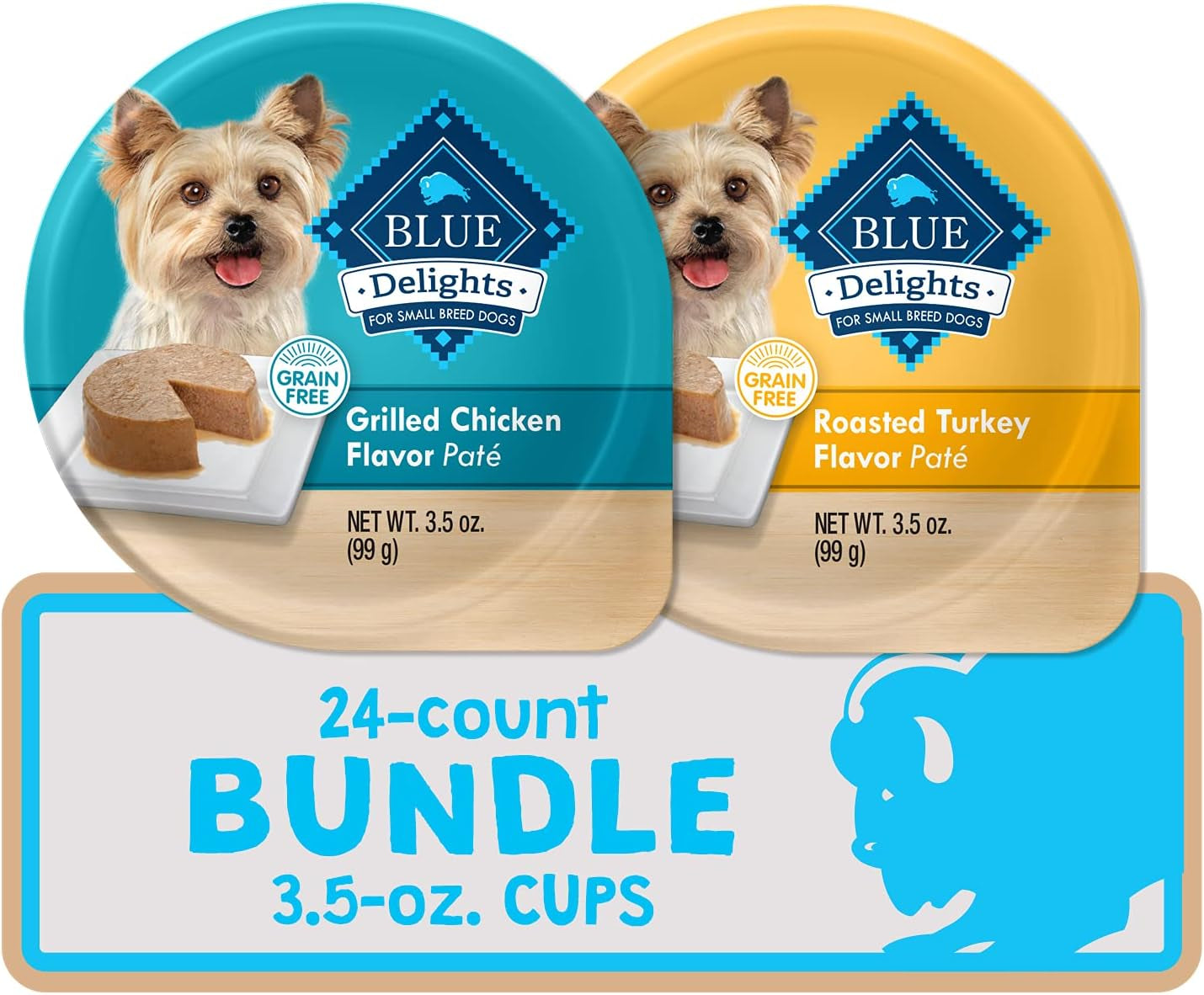 Delights Natural Adult Small Breed Wet Dog Food Cups, Pate Style, Roasted Turkey & Grilled Chicken 3.5-Oz (24 Count - 12 of Each Flavor)