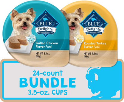 Delights Natural Adult Small Breed Wet Dog Food Cups, Pate Style, Roasted Turkey & Grilled Chicken 3.5-Oz (24 Count - 12 of Each Flavor)