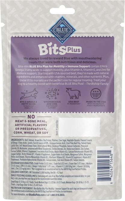Blue Bits plus Mobility and Immune Support Daily Benefit Dog Treats, Soft & Chewy Beef Morsels, 3.5-Oz. Bag