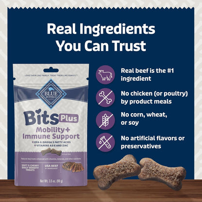 Blue Bits plus Mobility and Immune Support Daily Benefit Dog Treats, Soft & Chewy Beef Morsels, 3.5-Oz. Bag