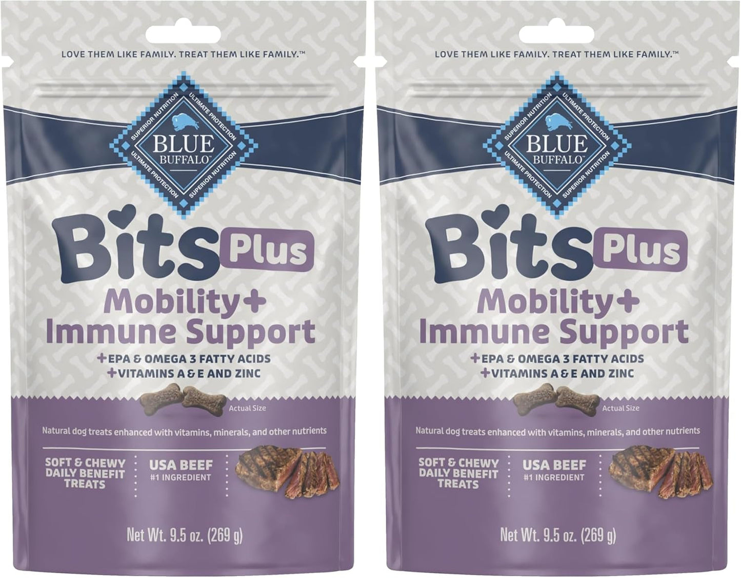 Blue Bits plus Mobility and Immune Support Daily Benefit Dog Treats, Soft & Chewy Beef Morsels, 3.5-Oz. Bag