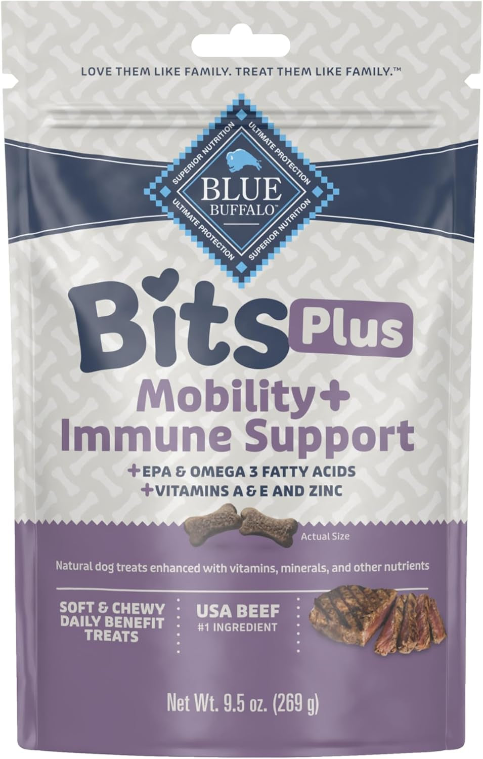 Blue Bits plus Mobility and Immune Support Daily Benefit Dog Treats, Soft & Chewy Beef Morsels, 3.5-Oz. Bag