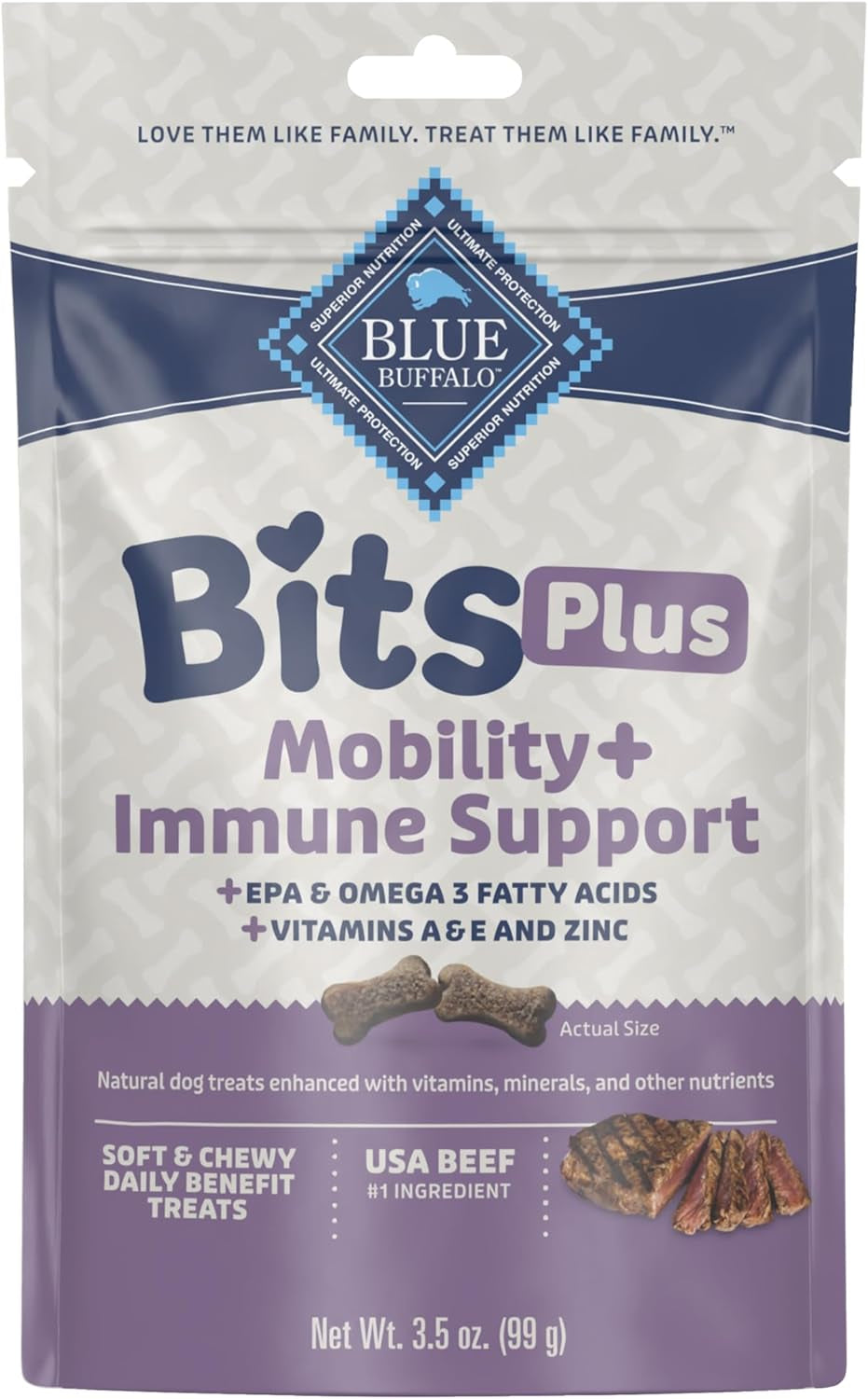 Blue Bits plus Mobility and Immune Support Daily Benefit Dog Treats, Soft & Chewy Beef Morsels, 3.5-Oz. Bag