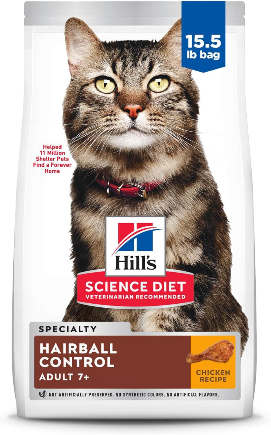 Hairball Control, Senior Adult 7+, Hairball Control Support, Dry Cat Food, Chicken Recipe, 15.5 Lb Bag