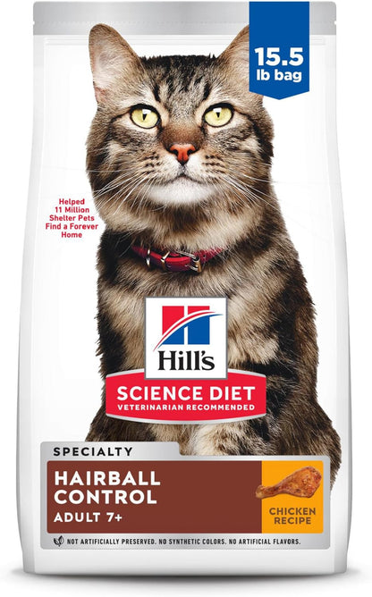 Hairball Control, Senior Adult 7+, Hairball Control Support, Dry Cat Food, Chicken Recipe, 15.5 Lb Bag