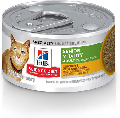 Senior Vitality Adult 7+, Senior Premium Nutrition, Wet Cat Food, Chicken & Vegetable Stew, 2.9 Oz. Cans, 24-Pack