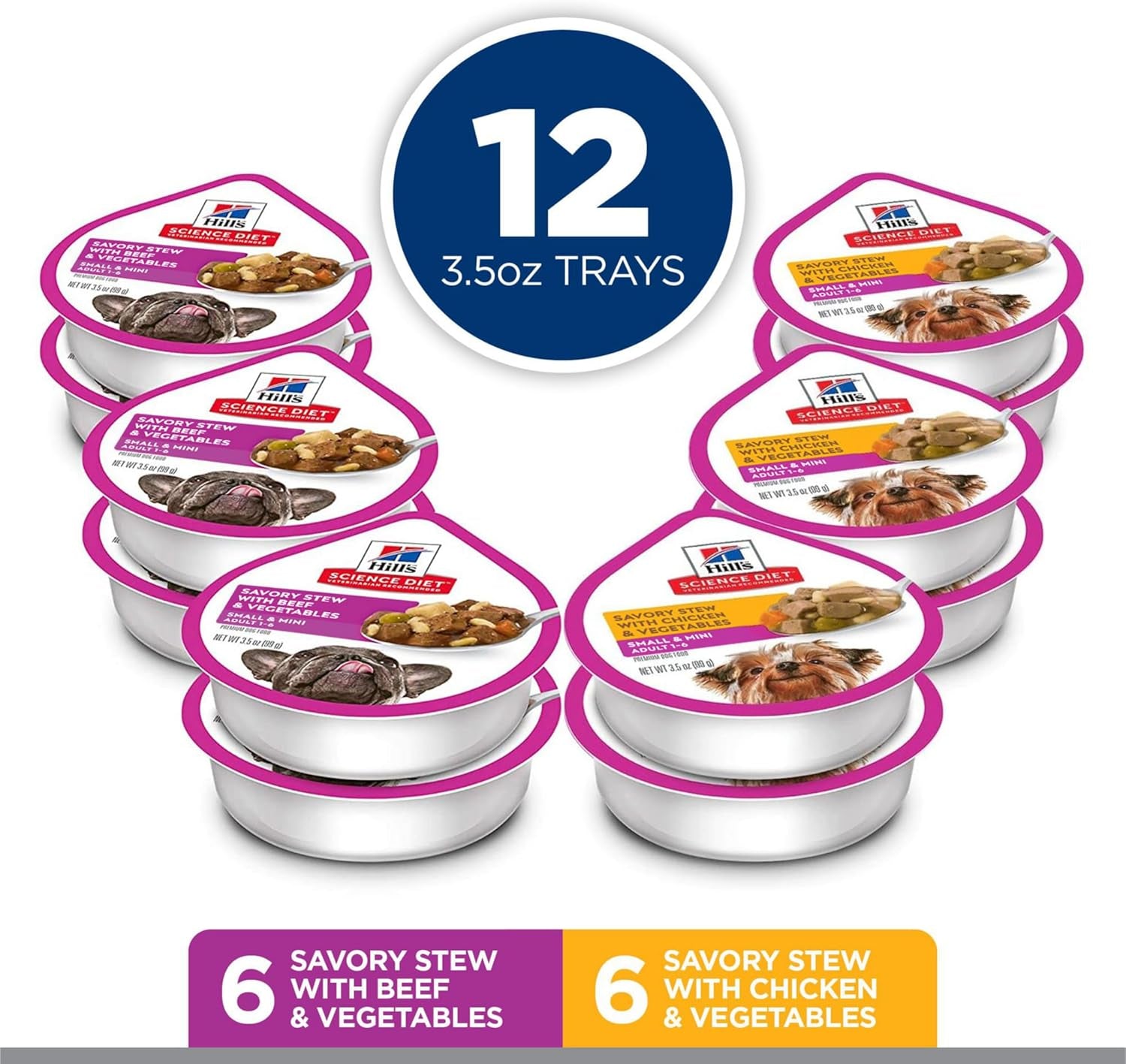 Small & Mini, Adult 1-6, Small & Mini Breeds Premium Nutrition, Wet Dog Food, Variety Pack: Chicken & Vegetables; Salmon & Vegetables Stew, 3.5 Oz Tray Variety Pack, Case of 12