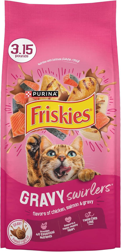 Purina  Gravy Swirlers with Flavors of Chicken, Salmon and Gravy Dry Cat Food - 3.15 Lb. Bag