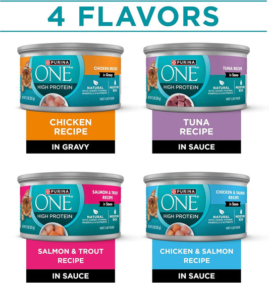 Natural, High Protein Cat Food Variety Pack, Chicken, Tuna, Salmon and Trout Recipes - (Pack of 24) 3 Oz. Cans