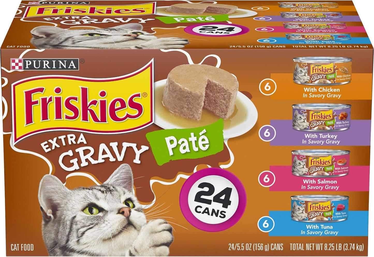 Purina  Pate Wet Cat Food Variety Pack, Extra Gravy Pate Chicken, Turkey, Salmon & Tuna - (24) 5.5 Oz. Cans