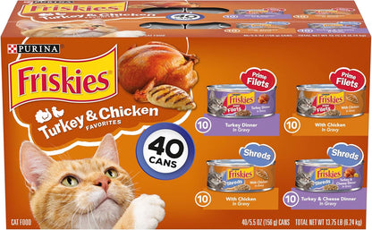 Purina  Gravy Wet Cat Food Variety Pack, Prime Filets & Shreds Turkey & Chicken Favorites - (40) 5.5 Oz. Cans
