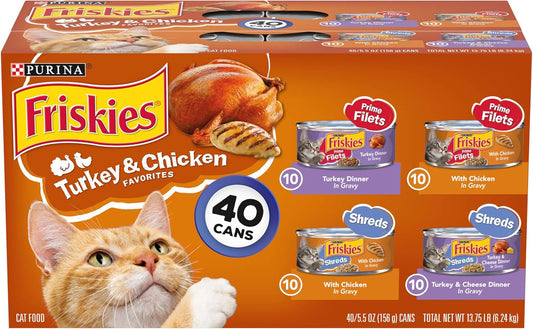 Purina  Gravy Wet Cat Food Variety Pack, Prime Filets & Shreds Turkey & Chicken Favorites - (40) 5.5 Oz. Cans