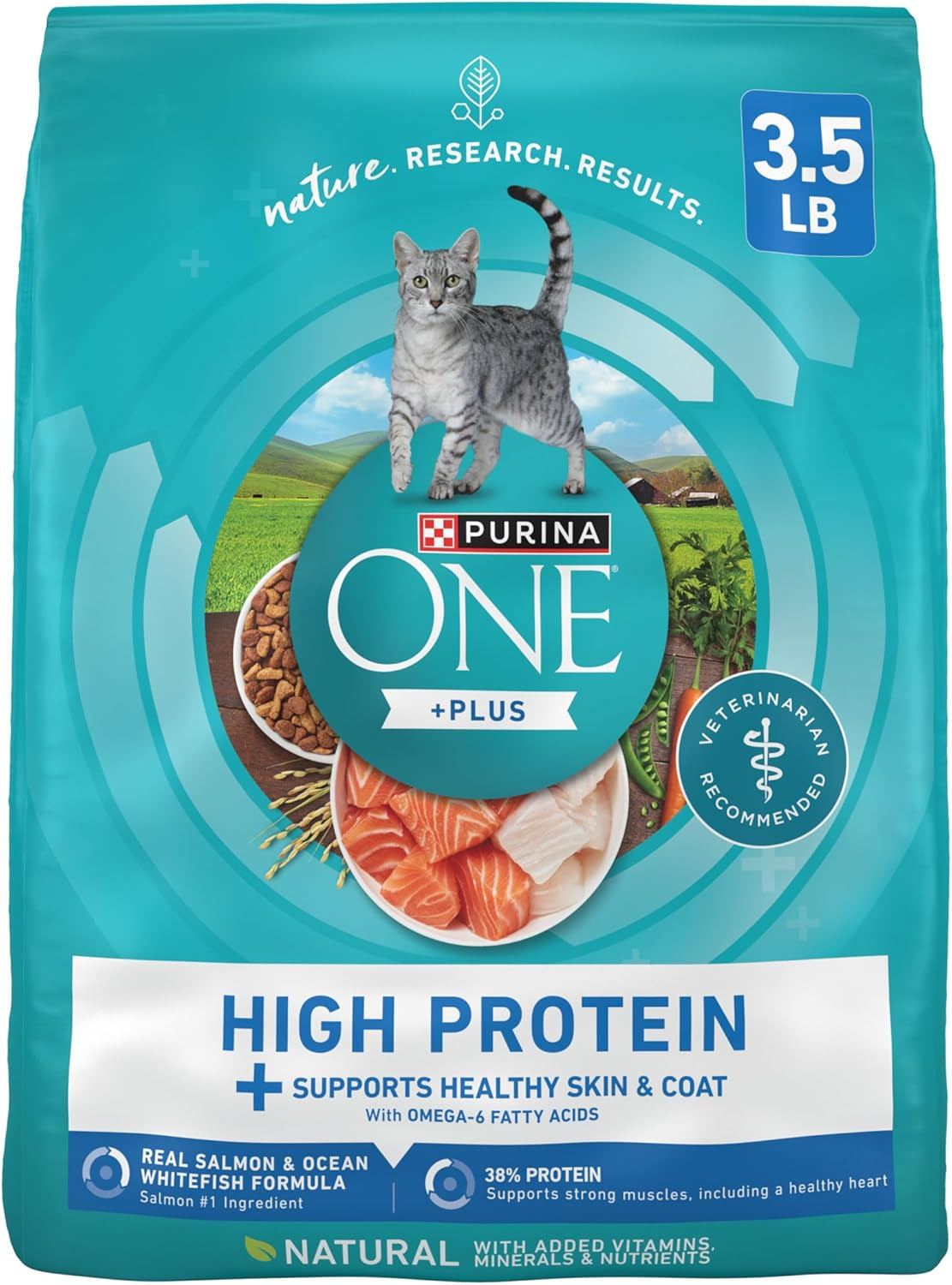 plus High Protein Cat Food Dry Salmon and Ocean Whitefish Cat Skin and Coat Health Formula - 3.5 Lb. Bag