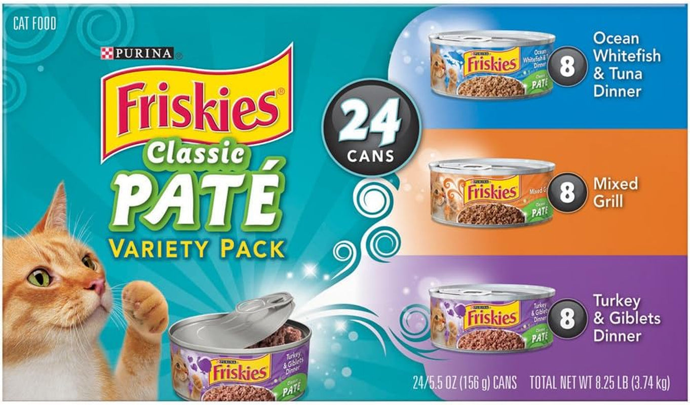 Wet Cat Food, Classic Pate Variety Pack, Ocean Whitefish and Tuna, Mixed Grill and Turkey and Giblets Dinner, (24) 5.5 Oz Cans