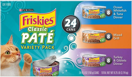 Wet Cat Food, Classic Pate Variety Pack, Ocean Whitefish and Tuna, Mixed Grill and Turkey and Giblets Dinner, (24) 5.5 Oz Cans