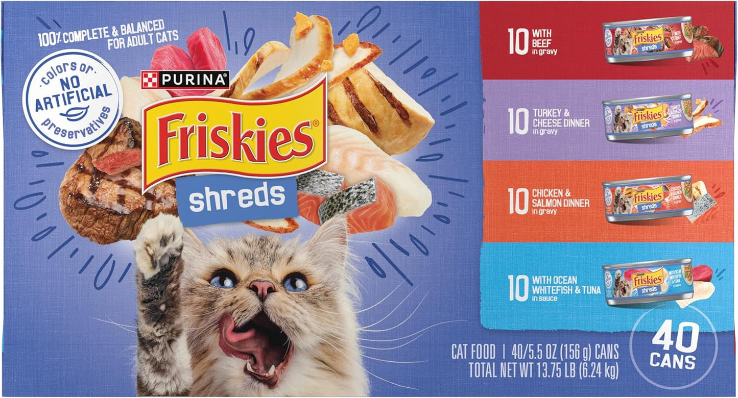 Purina  Wet Cat Food Variety Pack, Shreds with Beef, Turkey and Cheese Dinner, Chicken and Salmon Dinner, and with Ocean Whitefish and Tuna - (Pack of 40) 5.5 Oz. Cans