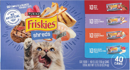 Purina  Wet Cat Food Variety Pack, Shreds with Beef, Turkey and Cheese Dinner, Chicken and Salmon Dinner, and with Ocean Whitefish and Tuna - (Pack of 40) 5.5 Oz. Cans