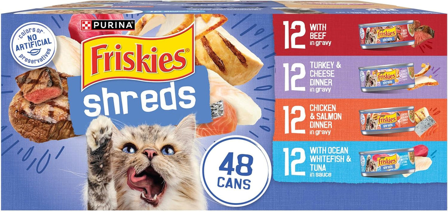 Purina  Wet Cat Food Variety Pack, Shreds with Beef, Turkey and Cheese Dinner, Chicken and Salmon Dinner, and with Ocean Whitefish and Tuna - (Pack of 40) 5.5 Oz. Cans