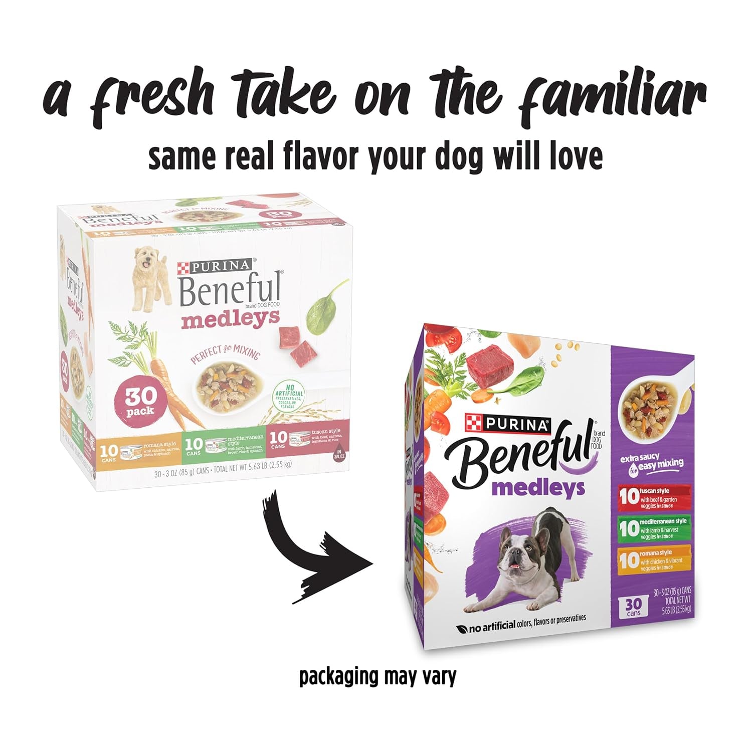 Purina Beneful Medleys Wet Dog Food Variety Pack with Tuscan, Romana, and Mediterranean Style Dog Food in Dog Gravy, 30 Pack - (Pack of 30) 3 Oz. Cans
