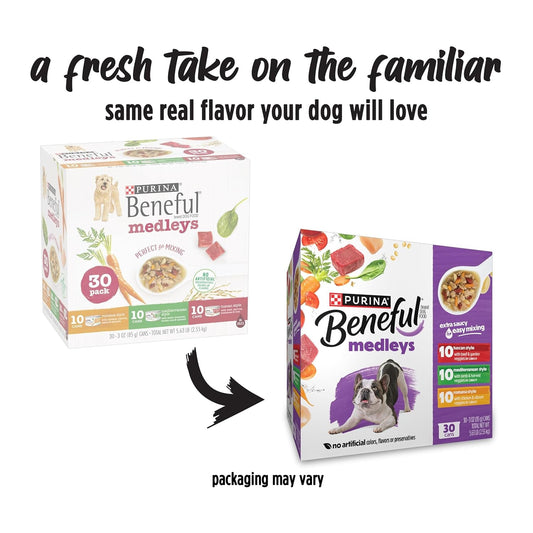 Purina Beneful Medleys Wet Dog Food Variety Pack with Tuscan, Romana, and Mediterranean Style Dog Food in Dog Gravy, 30 Pack - (Pack of 30) 3 Oz. Cans