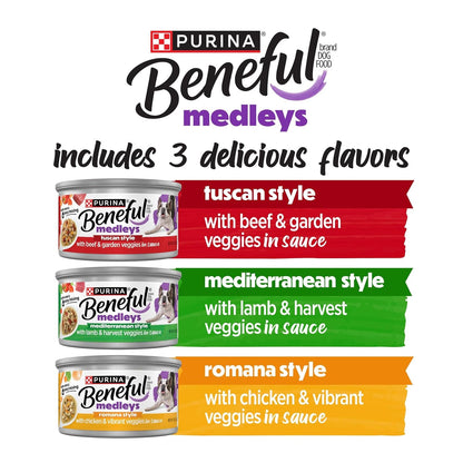 Purina Beneful Medleys Wet Dog Food Variety Pack with Tuscan, Romana, and Mediterranean Style Dog Food in Dog Gravy, 30 Pack - (Pack of 30) 3 Oz. Cans