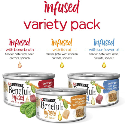 Purina  Infused Pate Wet Dog Food Variety Pack, Pate with Real Lamb, Chicken or Beef Varieties - (2 Packs of 12) 3 Oz. Cans