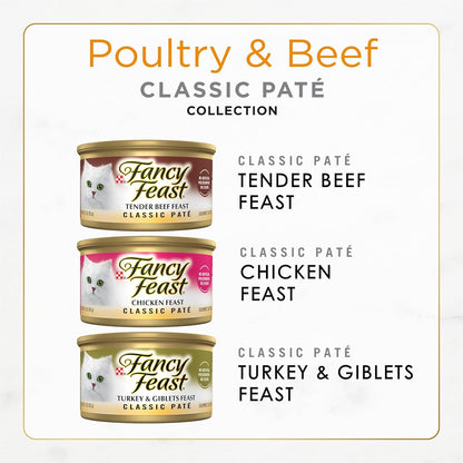 Poultry and Beef Feast Classic Pate Collection Grain Free Wet Cat Food Variety Pack - (Pack of 30) 3 Oz. Cans