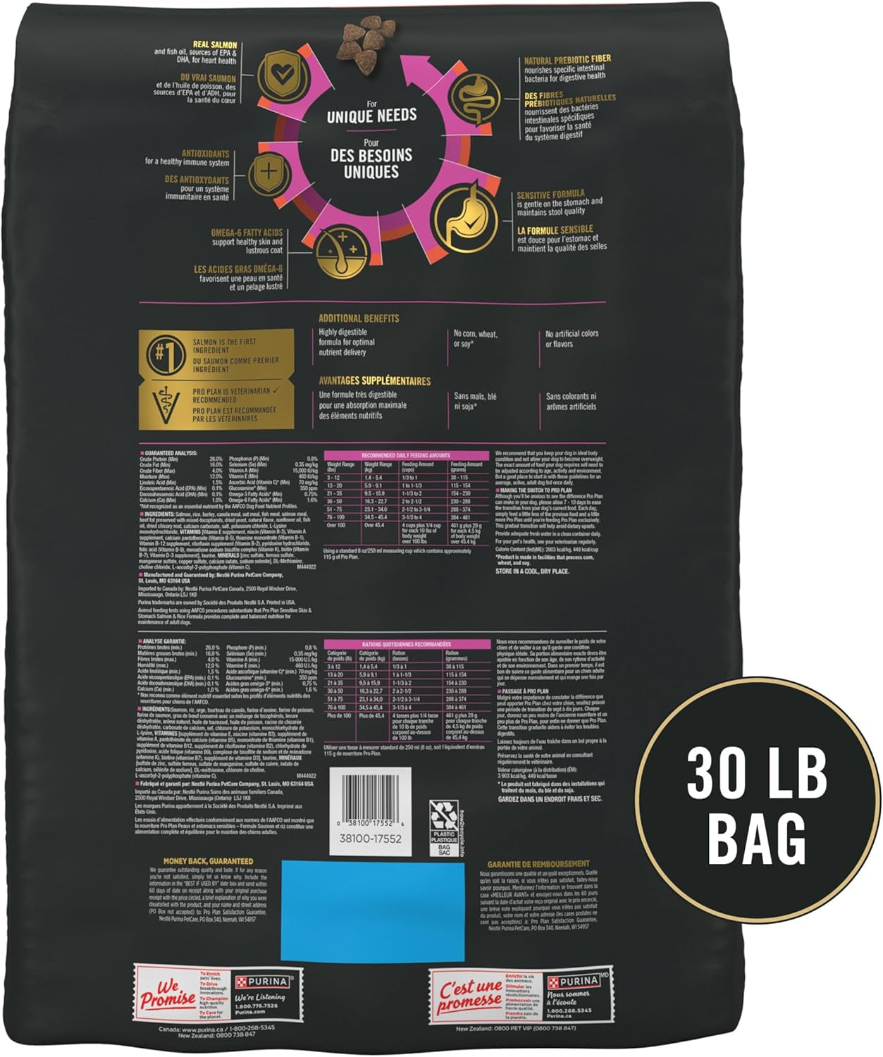 Sensitive Skin and Stomach Dog Food Dry, Adult Salmon & Rice Formula, Digestive Health - 30 Lb. Bag